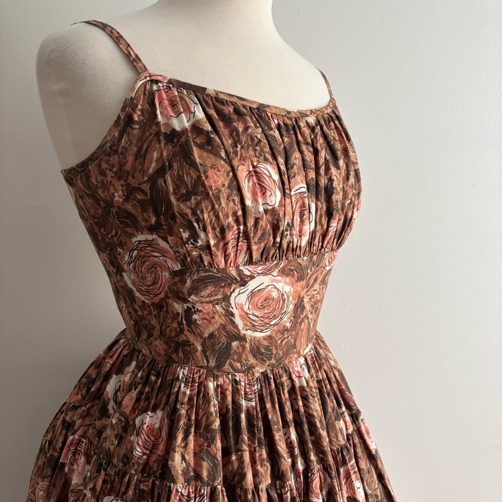 Vintage 1950s NELLY DON Brown with Pink Rose Print Dress / 25" waist - Picture 5 of 11